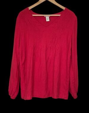 Sundance Pintuck Popover Linen Top Size M Coral Red Long Sleeve Tunic V-Neck